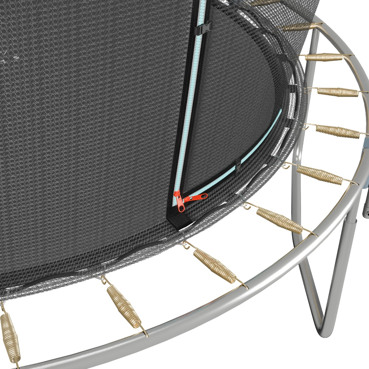 Gros plan sur un filet de trampoline avec fermeture éclair et ressorts.