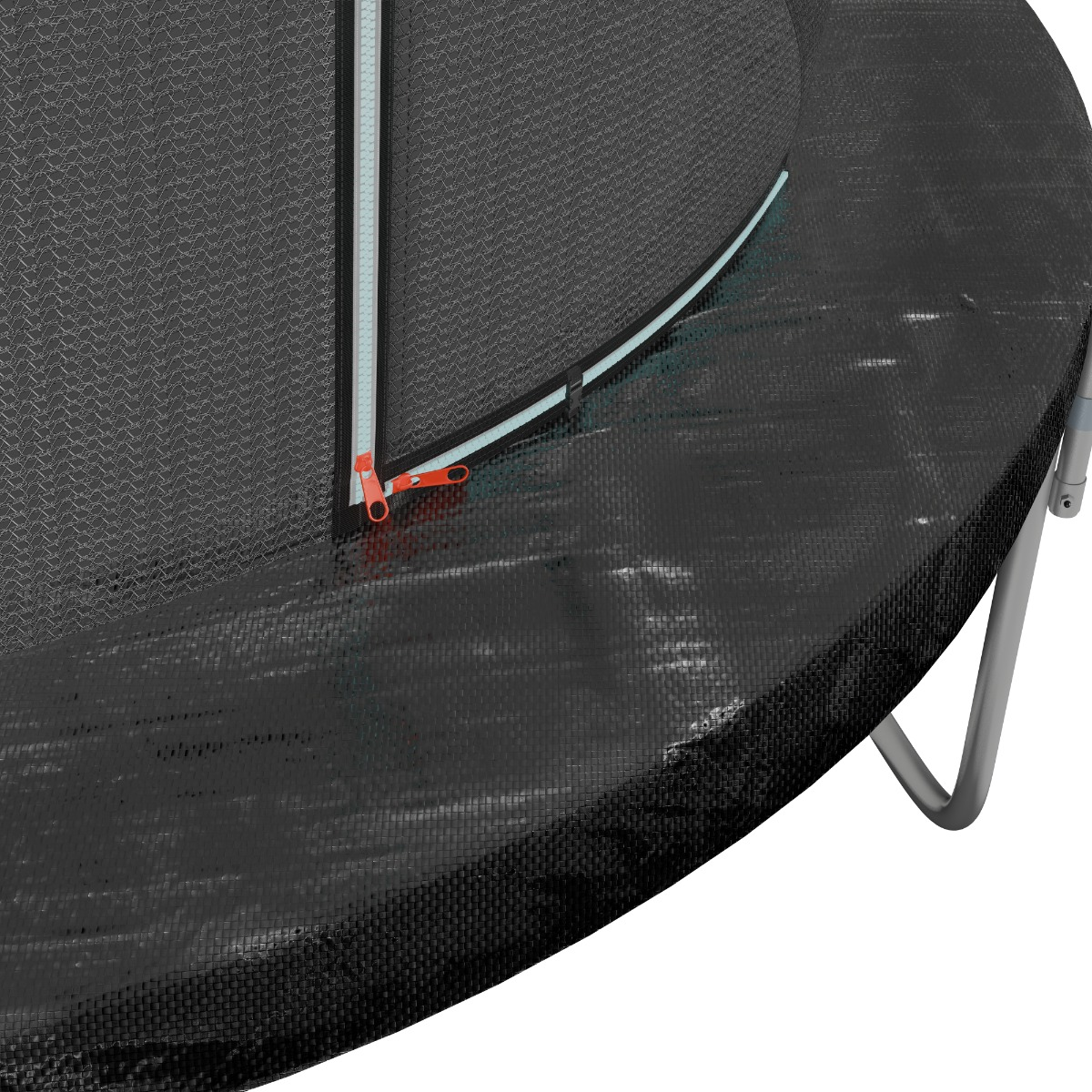 Gros plan sur la fermeture éclair d'un trampoline. Tirette rouge, filet noir.