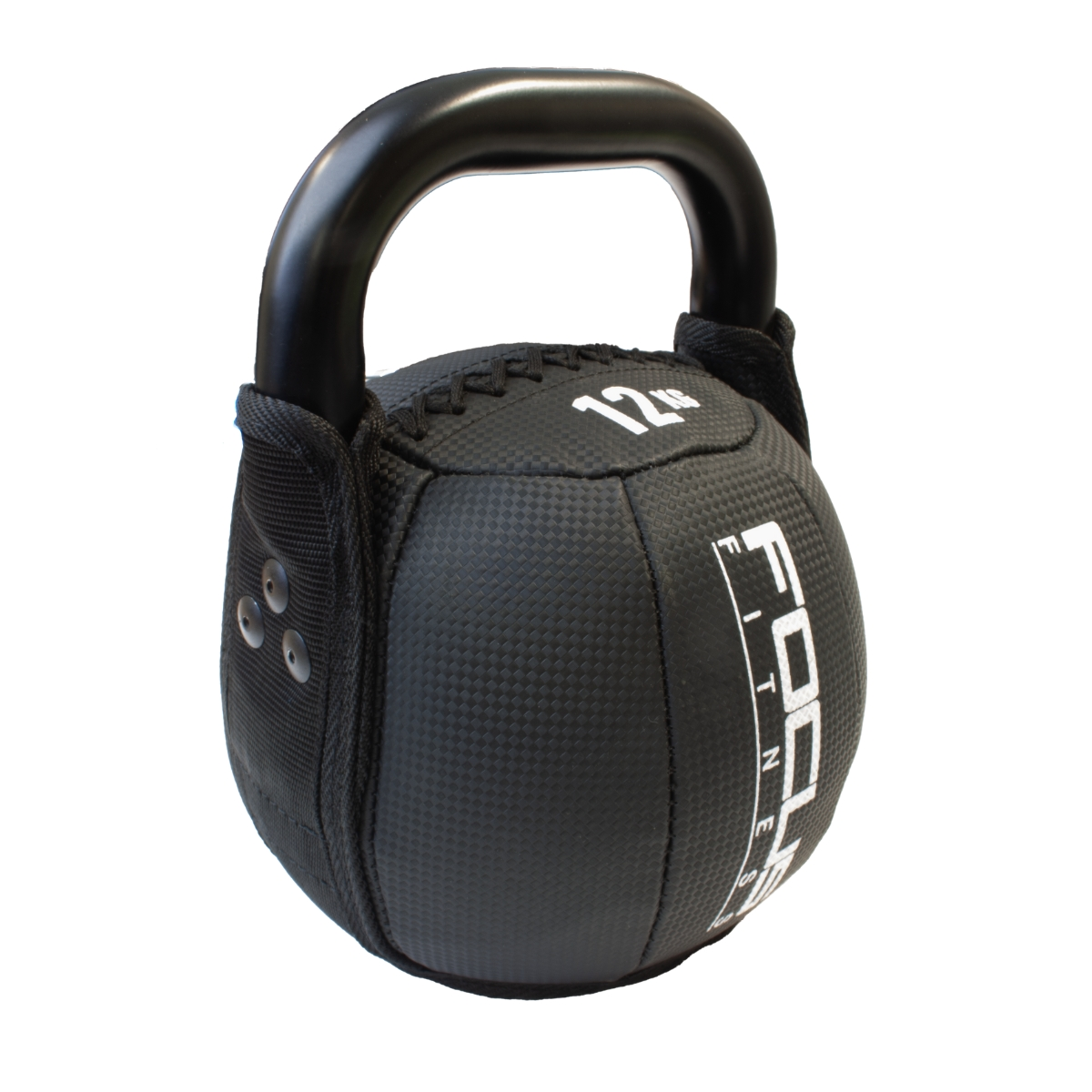 Black kettlebell, FOCUS FITNESS logo, white text. 12 lb weight marking.
