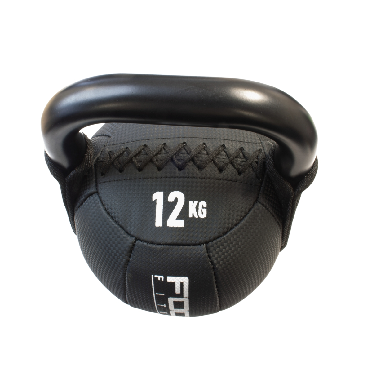 Black kettlebell marked 12 KG, with black handle.