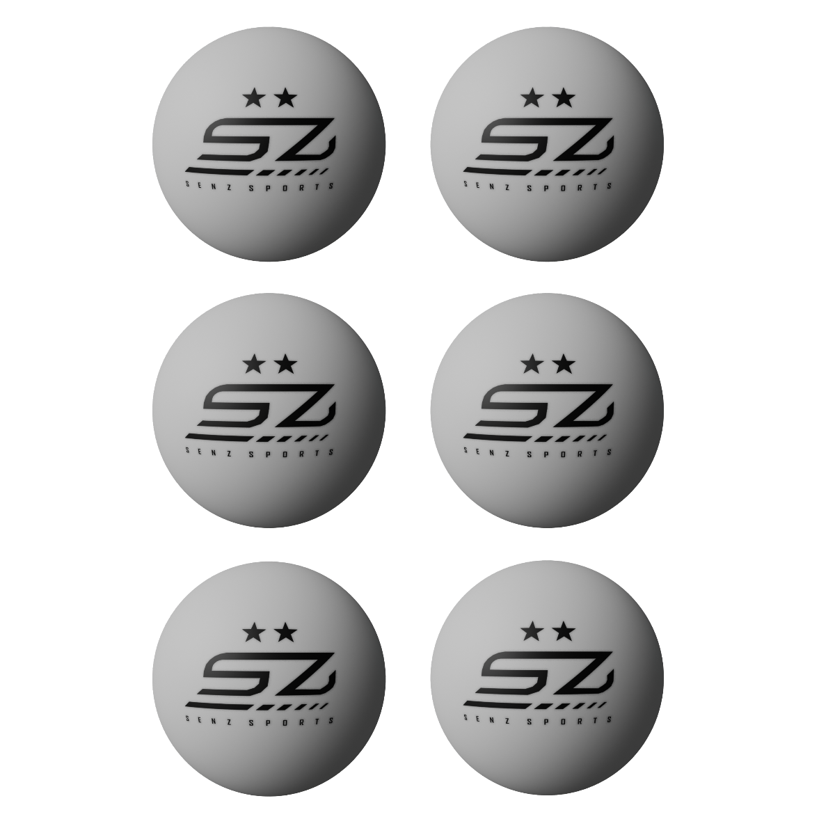Six balles de ping-pong grises avec un logo noir et des étoiles.