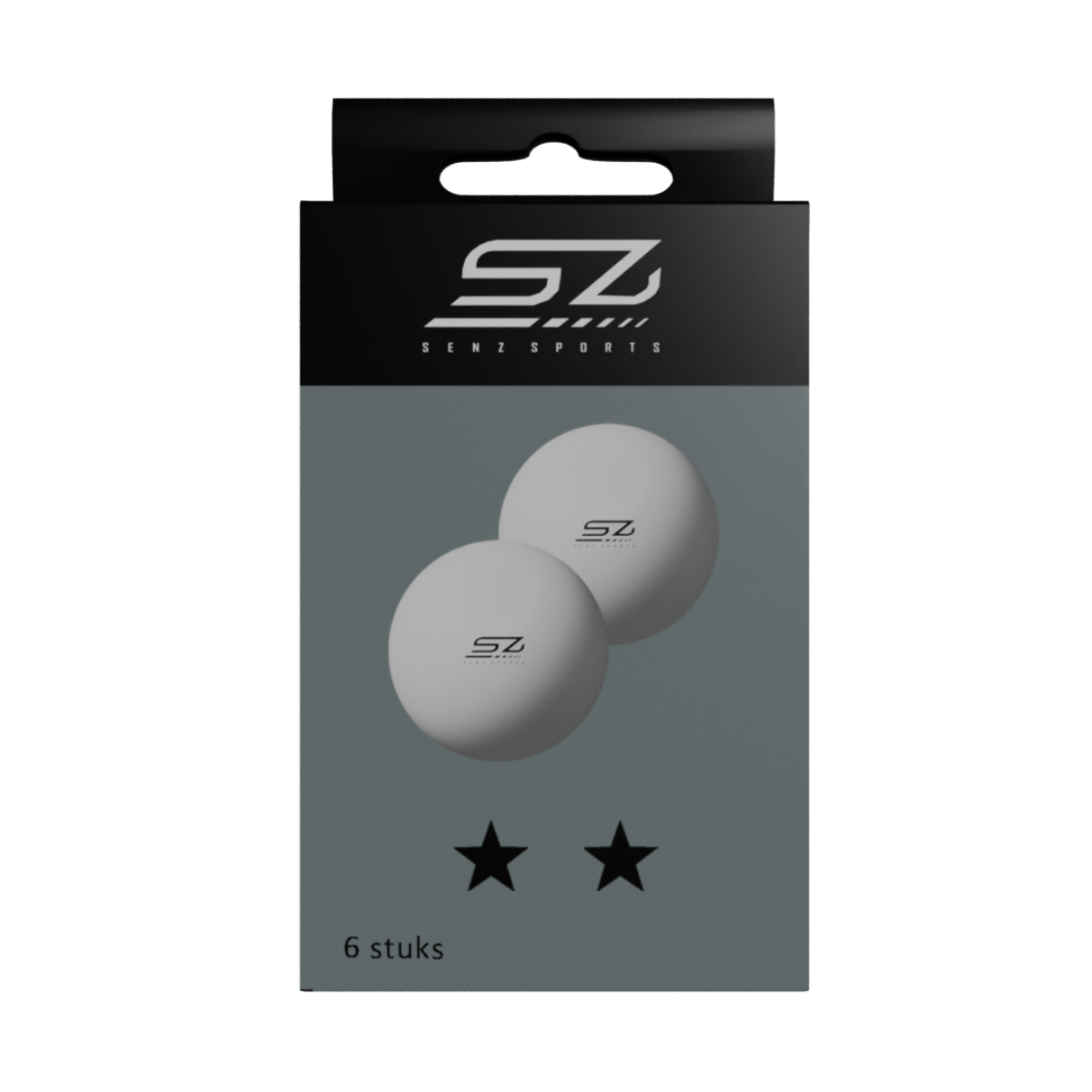 Paquet avec deux balles de ping-pong blanches. Fond gris. Logo 'SZ SENZ SPORTS'.