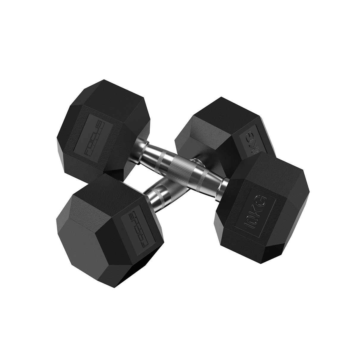 Two black dumbbells, the ends are octagonal, with the word FOCUS.