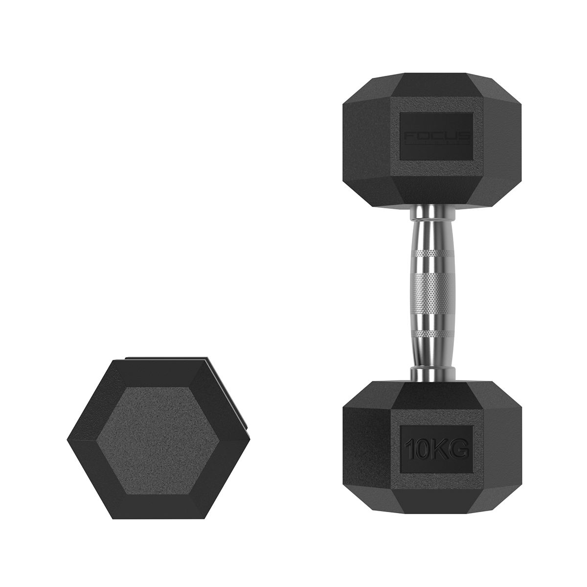Black dumbbell with 10kg weight and silver handle. A separate hexagon-shaped end piece is also shown.