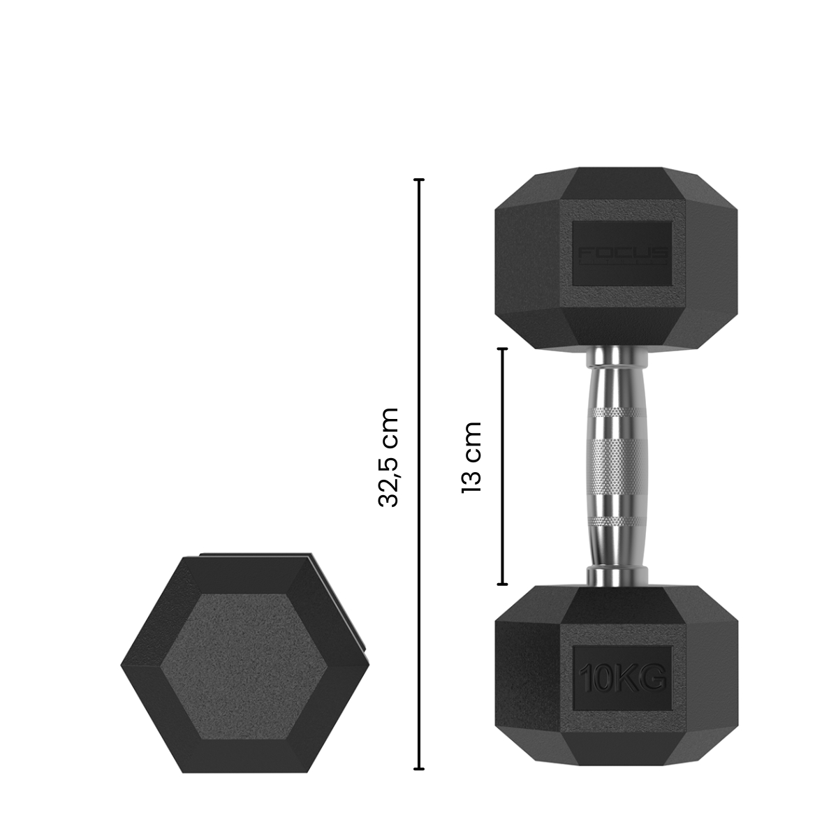 Black dumbbell, marked 10KG, with silver handle and a second one.