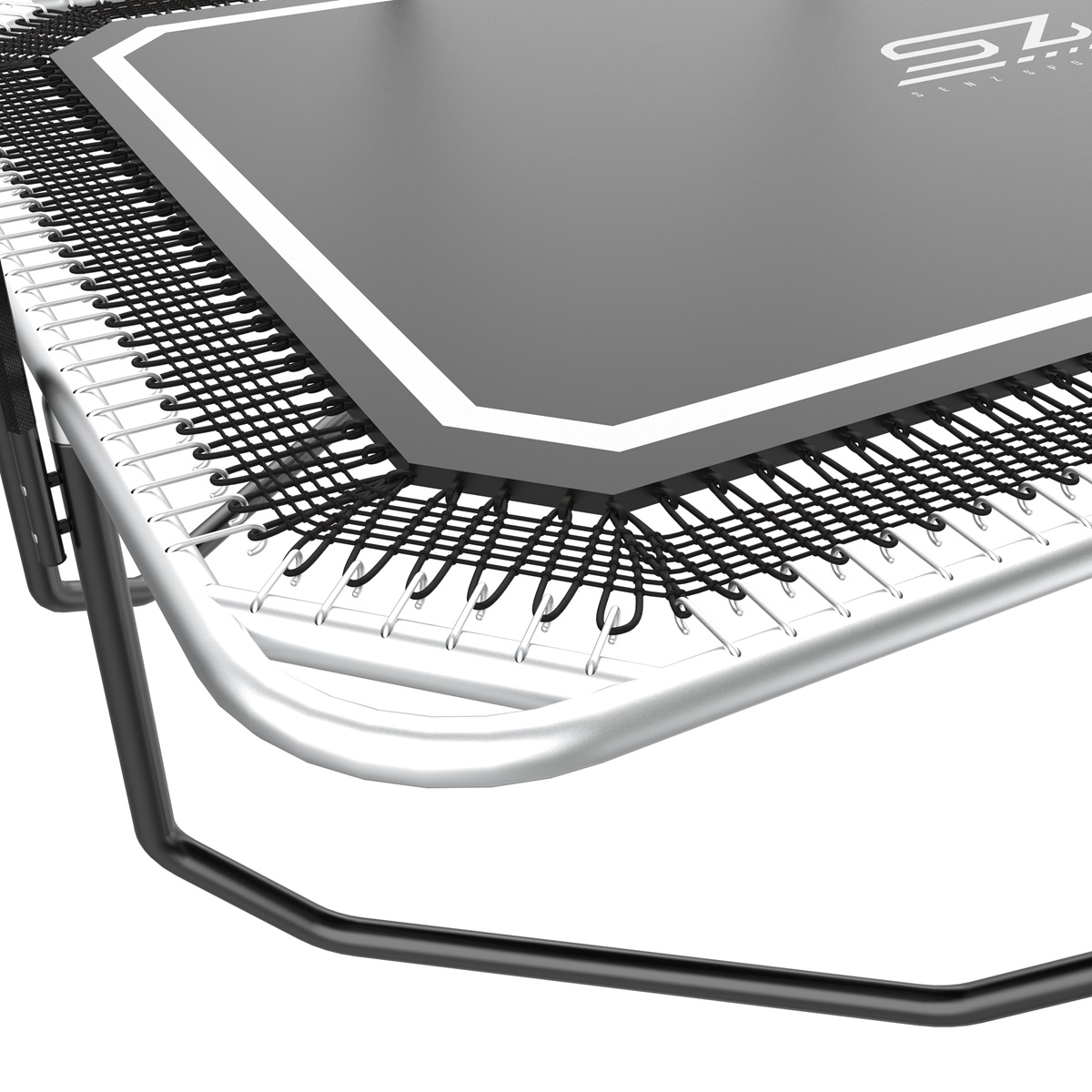 Trampoline hoekdetail. Zwart frame, witte rand, grijs oppervlak en veren.
