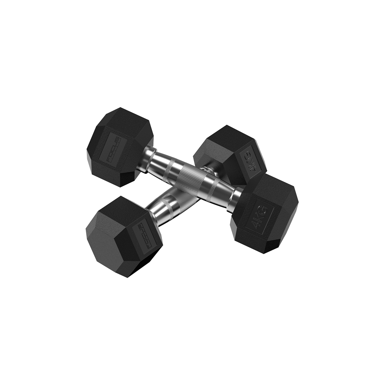 Two black dumbbells, 4KG weight marked, silver handle.