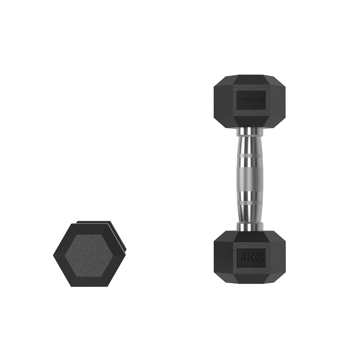 Black dumbbell, marked 4KG, with silver handle and a second one.