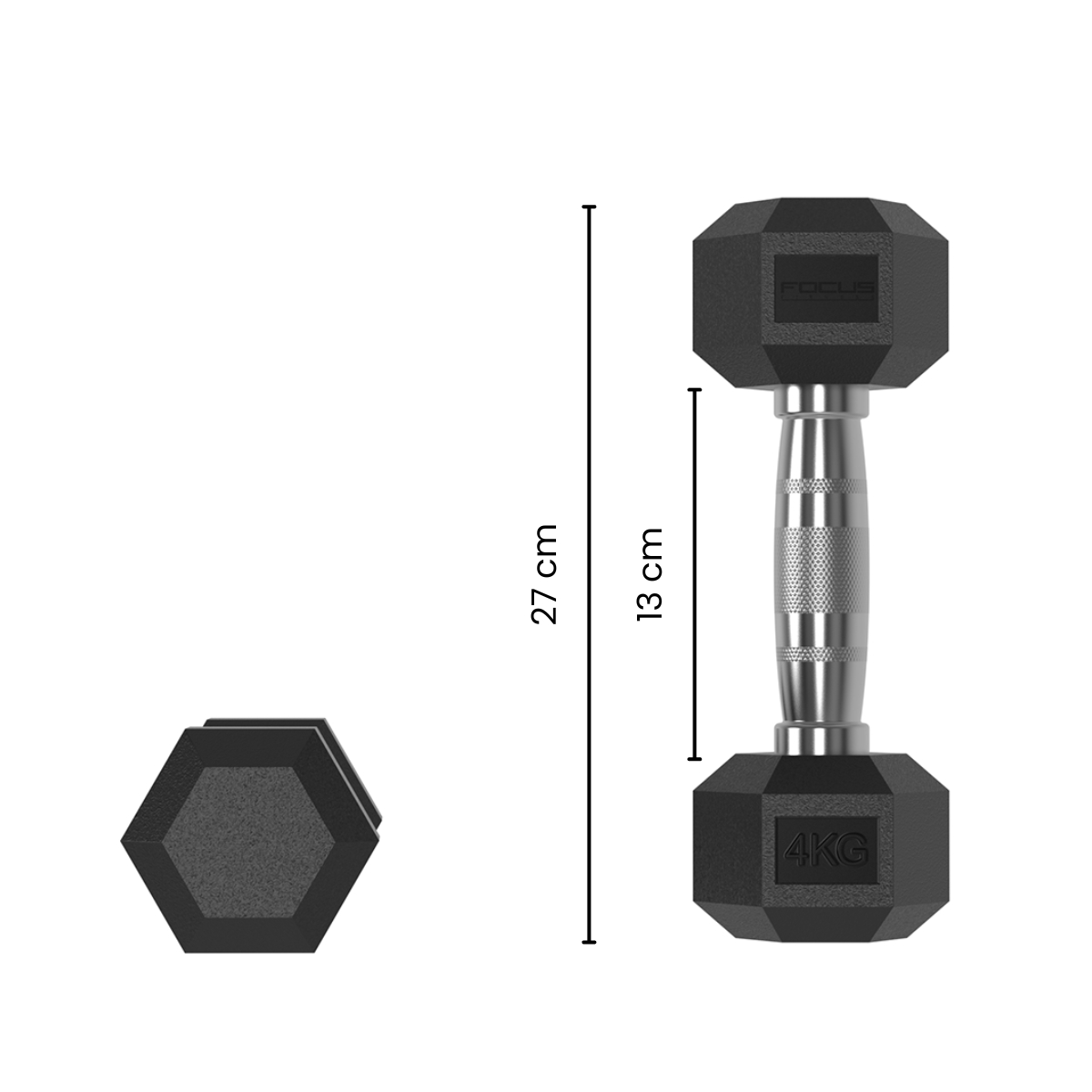 A black dumbbell with dimensions. 27cm length, 13cm handle, and 4KG weight.
