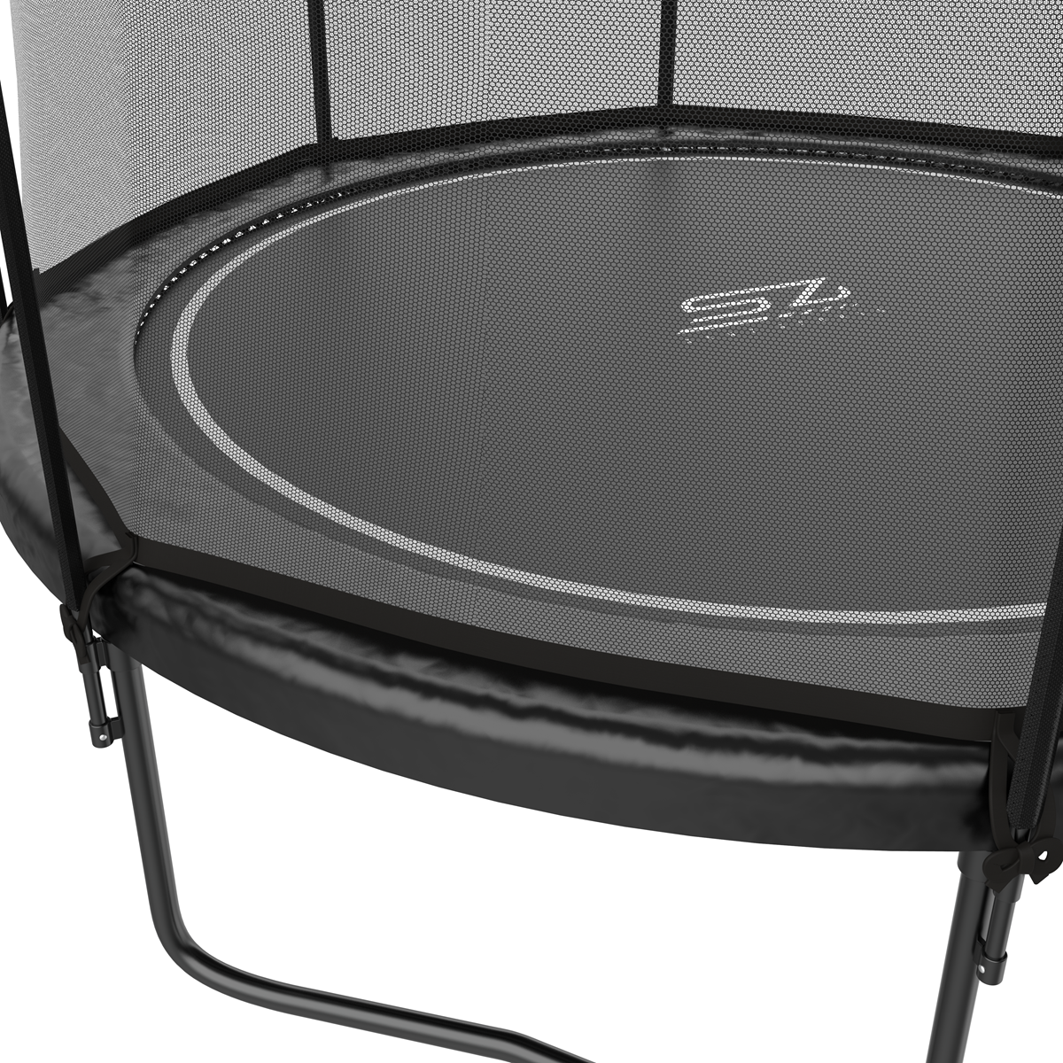 Close-up van trampolinebed. Zwart oppervlak. Net omringt de randen. Zwart frame.