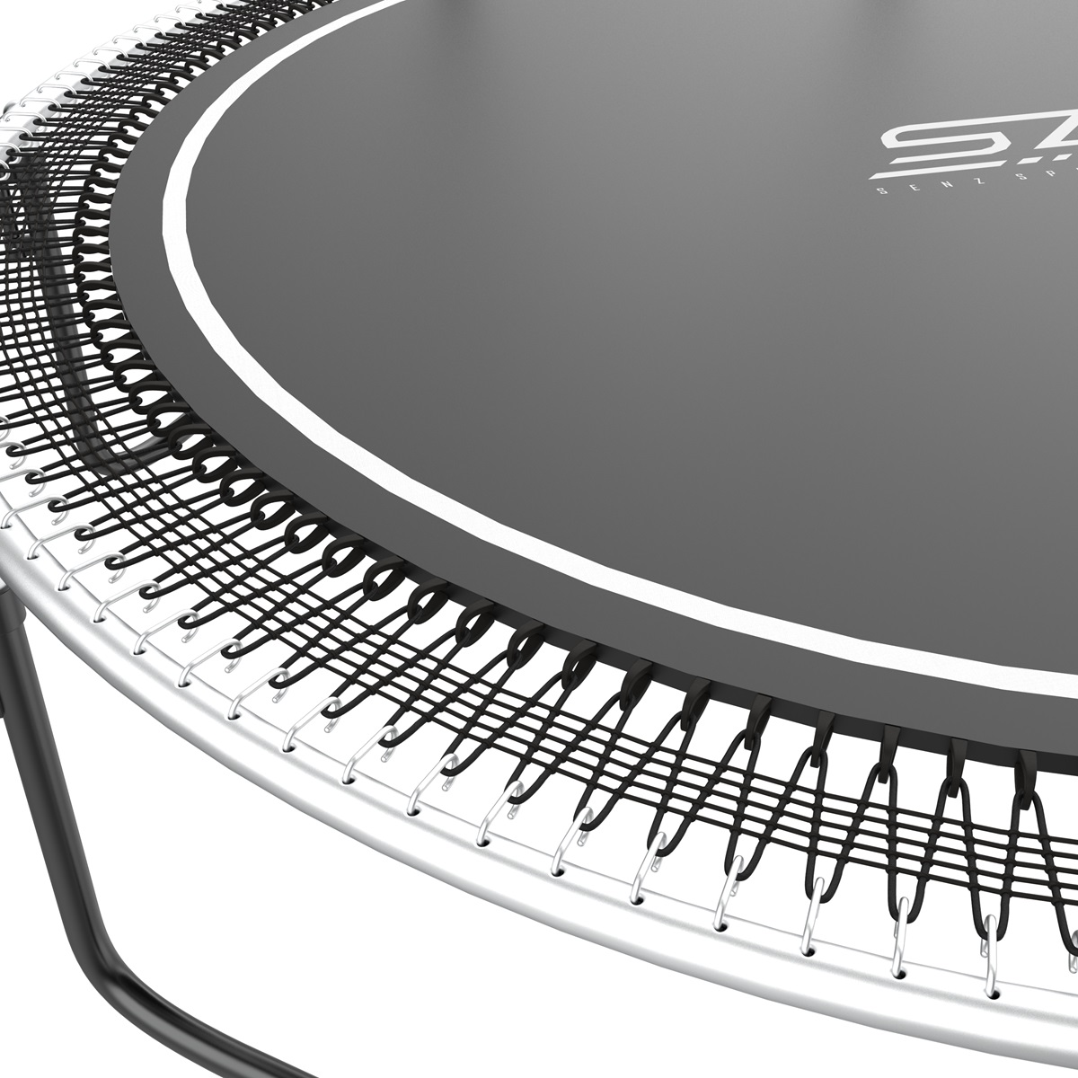 Close-up van een trampoline met zwart net, witte rand en zilveren frame.