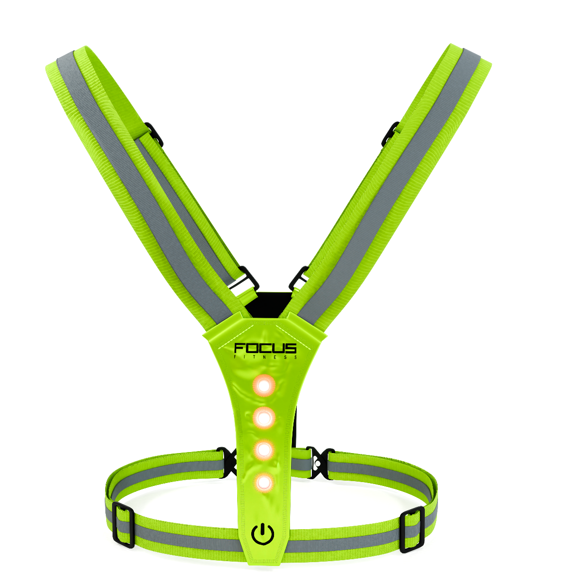Limoengroen hardloopvest met reflecterende strepen, FOCUS FITNESS-logo. Lichten en gesp.