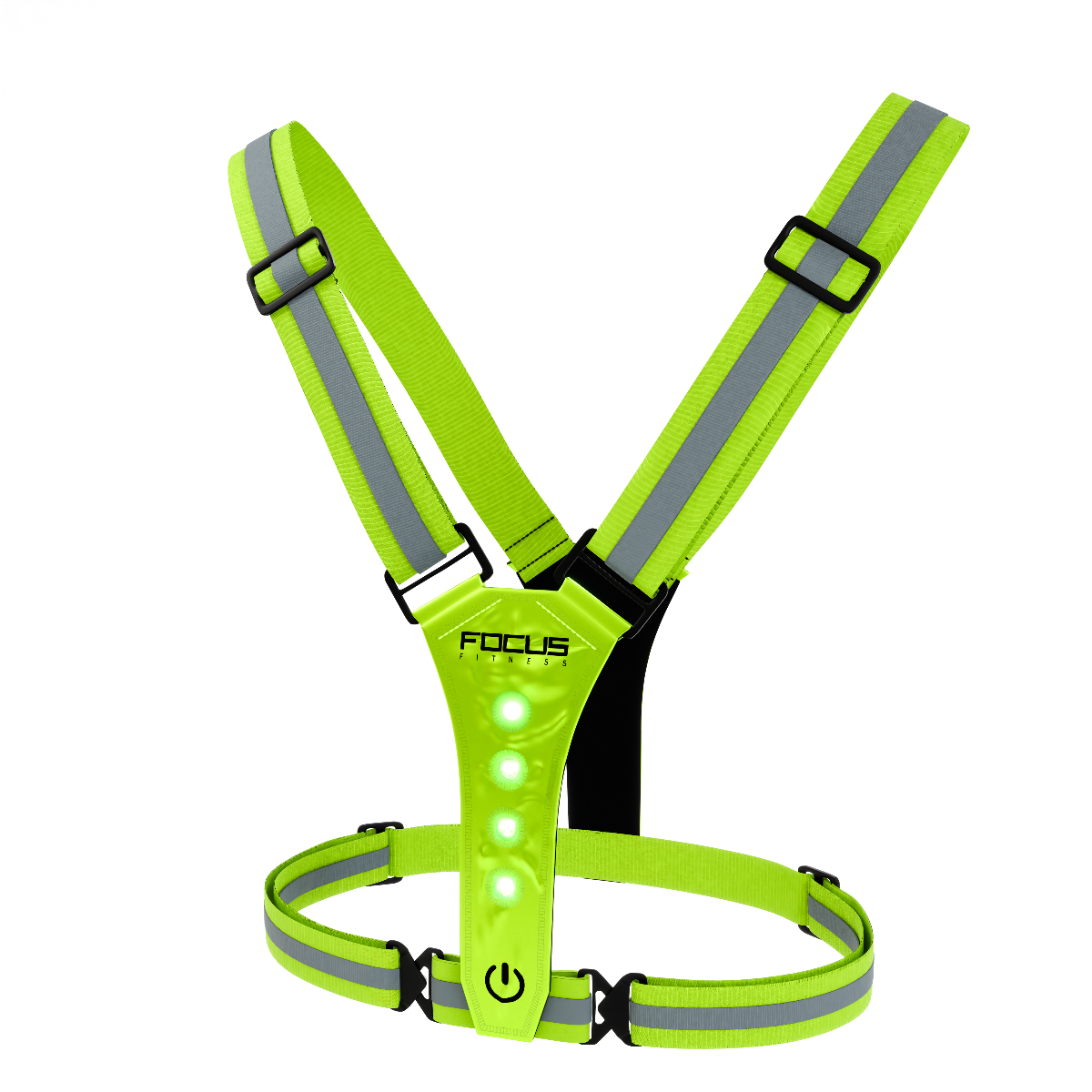 Neon groene vest. Reflecterende strips. Focus logo. Groene lichten en gespsluitingen.