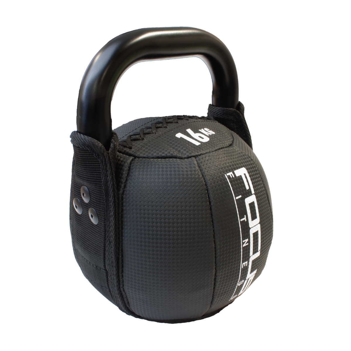 Black kettlebell with a black handle and the word FITNESS in white.