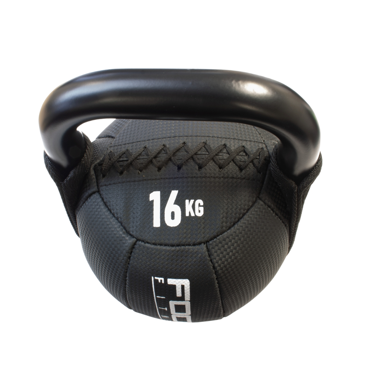 A black kettlebell with a black handle and the weight 16KG.