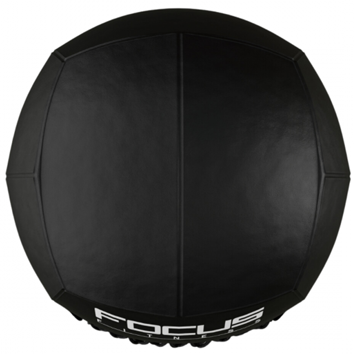Ballon de médecine Focus Fitness noir. Arrondi, panneaux cousus et logo de la marque. Isolé sur fond blanc.