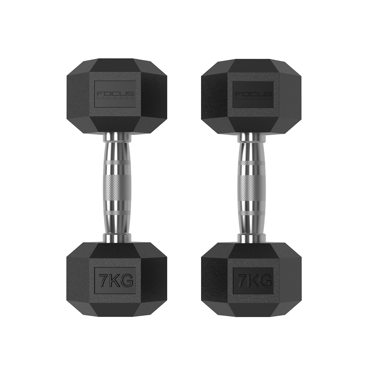 Deux haltères noirs, 7KG à chaque extrémité. FOCUS est écrit sur l'extrémité.