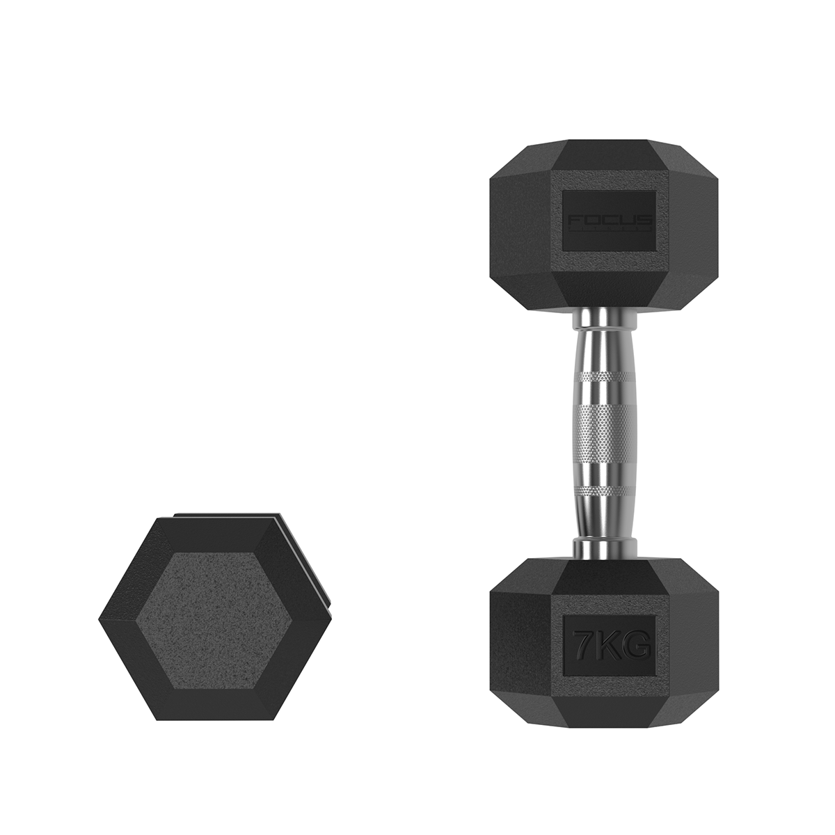 Haltère noir avec poids de 7 kg et poignée argentée. Une pièce d'extrémité hexagonale séparée est également montrée.