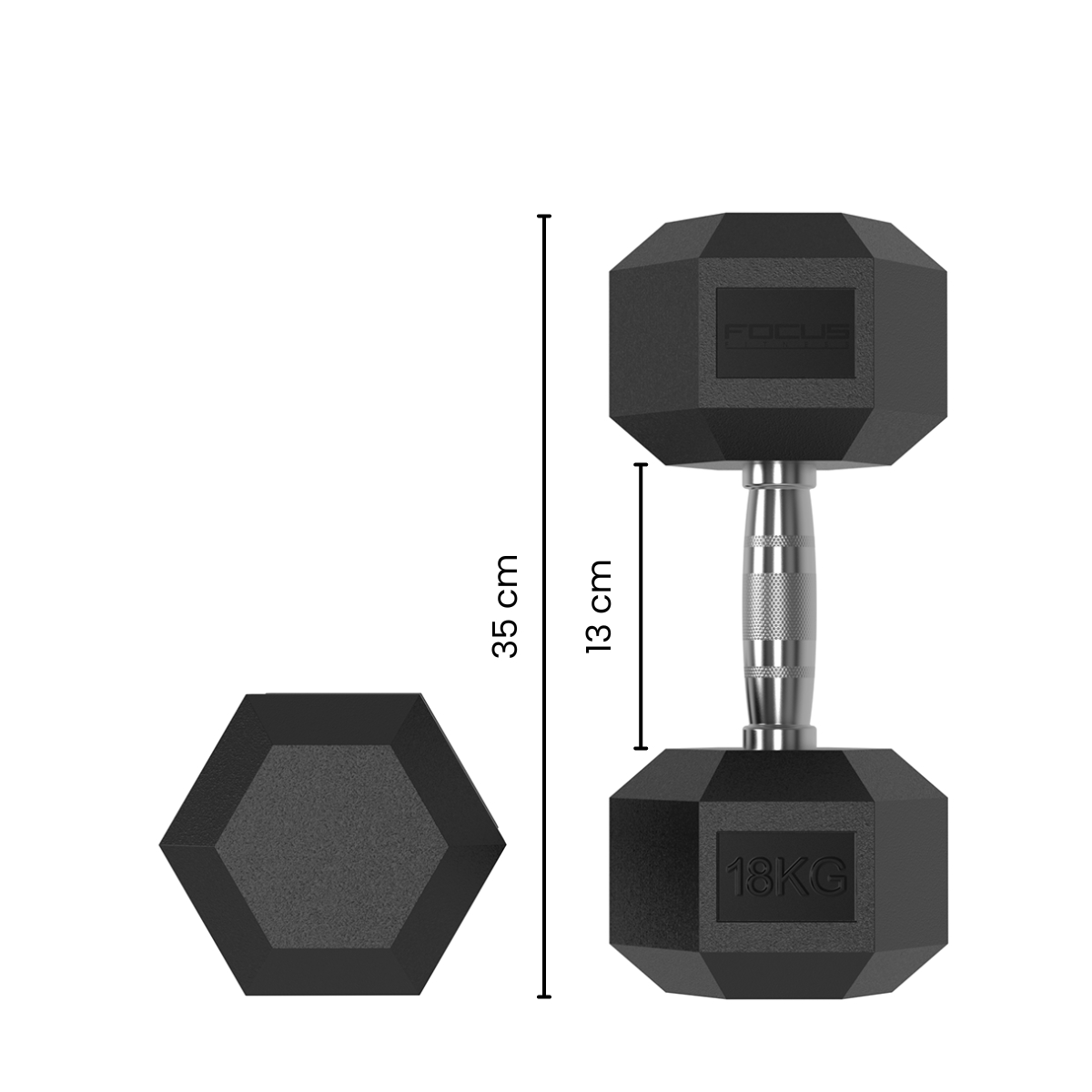 Black dumbbell with dimensions 35cm and 13cm, with 18KG on it. A side view next to it.
