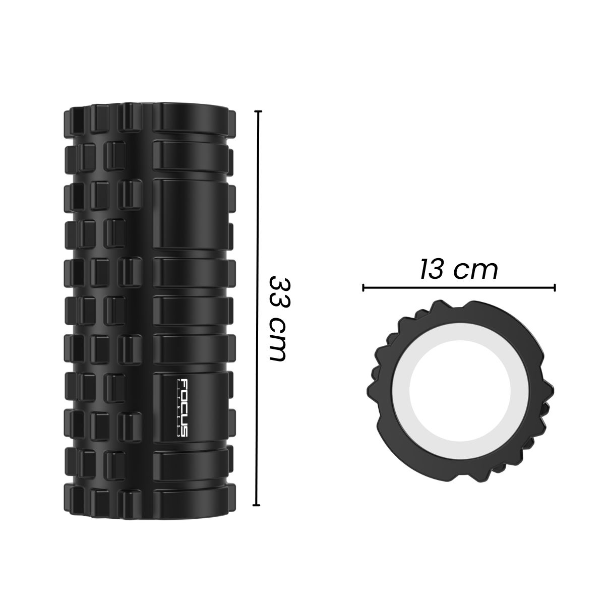 Black foam roller with a textured surface. Dimensions are 33 cm high and 13 cm in diameter.
