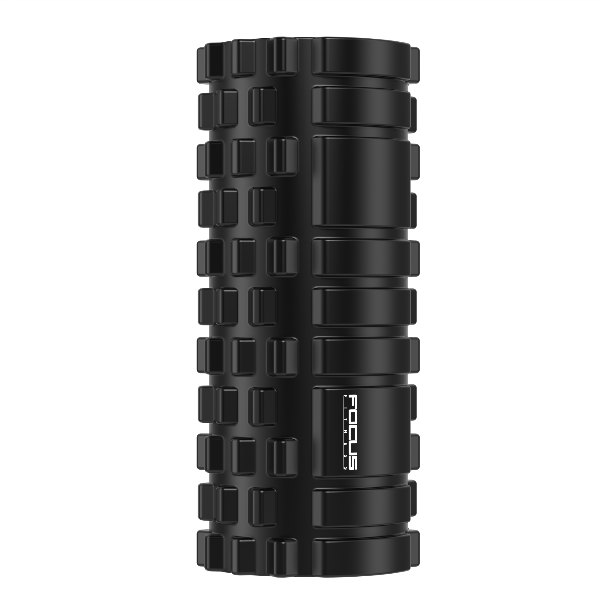 Black foam roller with textured surface. White background.