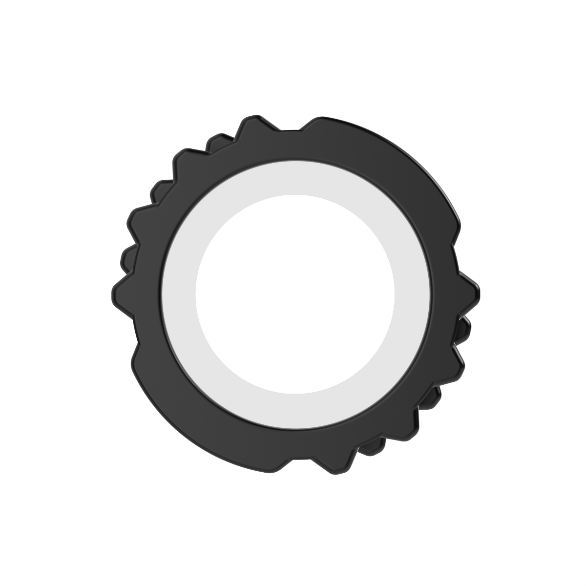 A black ring-shaped object with a white inner circle, isolated on white.