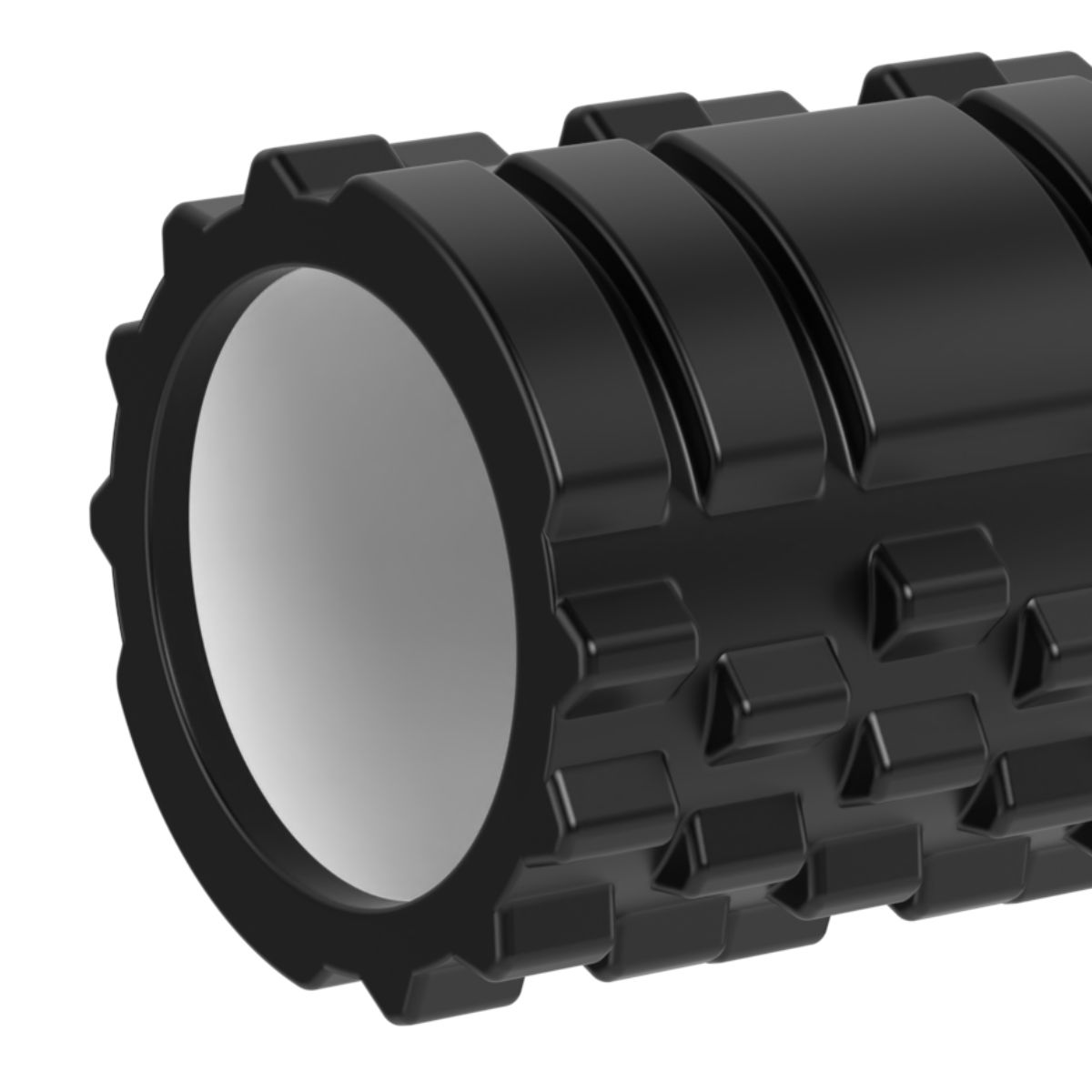 Close-up of a black foam roller with a white interior.