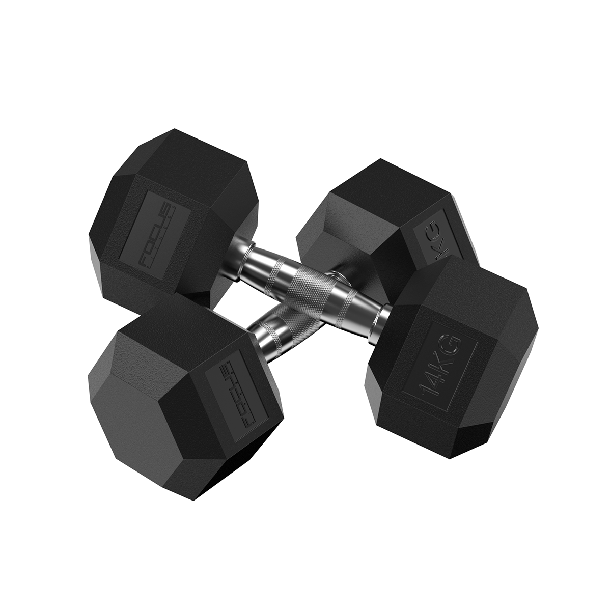 Twee zwarte 14kg dumbbells op witte achtergrond. Eén paar gekruist. Focus merk zichtbaar.