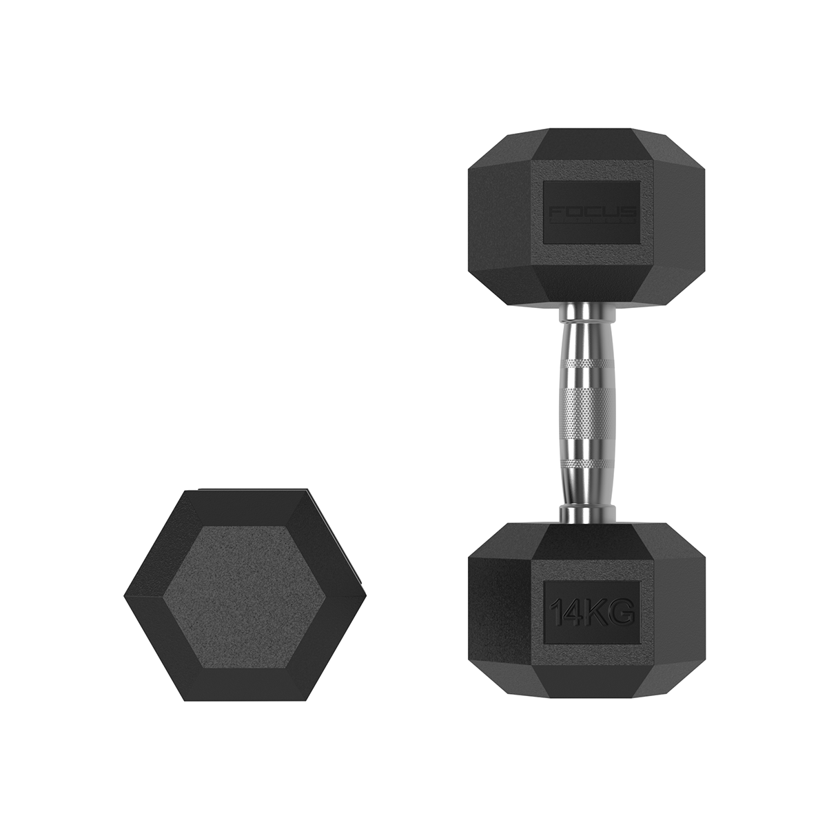 Zwarte 14kg dumbbell en zeshoek op witte achtergrond. Handvat en gewicht zichtbaar. Focus logo.