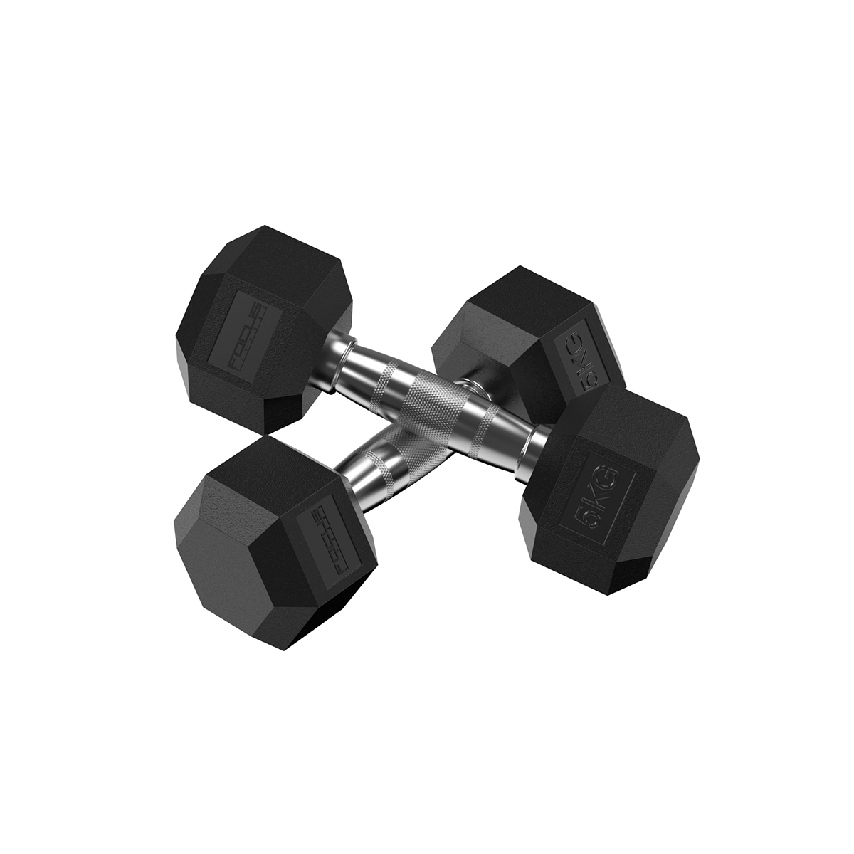 Two black hexagonal dumbbells with silver handles, isolated on white.