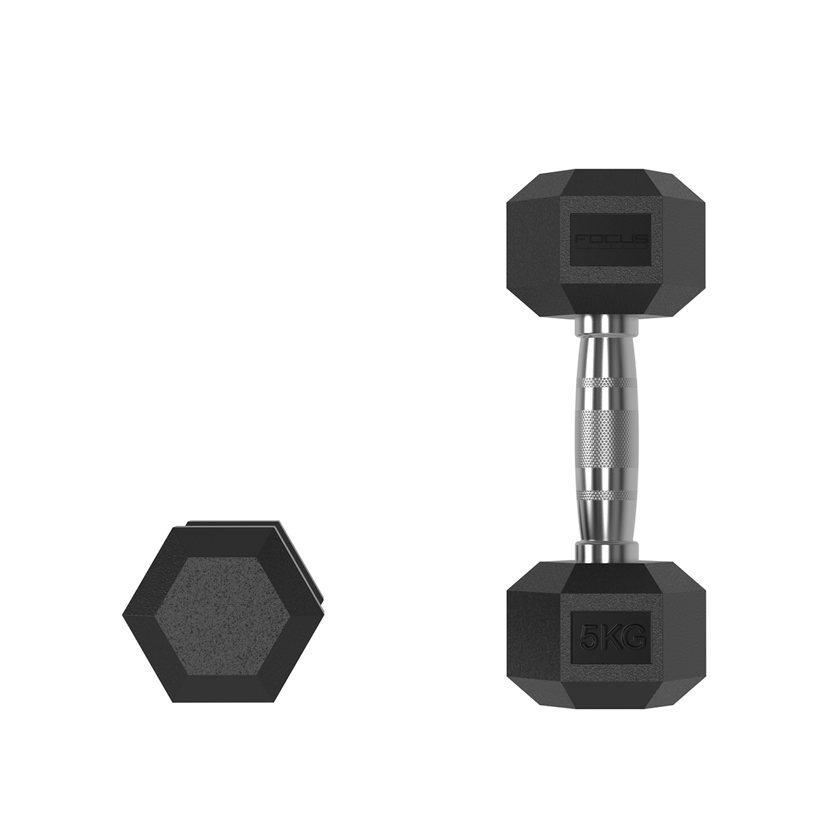 Black 5kg dumbbell and a hexagon shape on a white background. Handle and weight visible. Focus logo is seen.