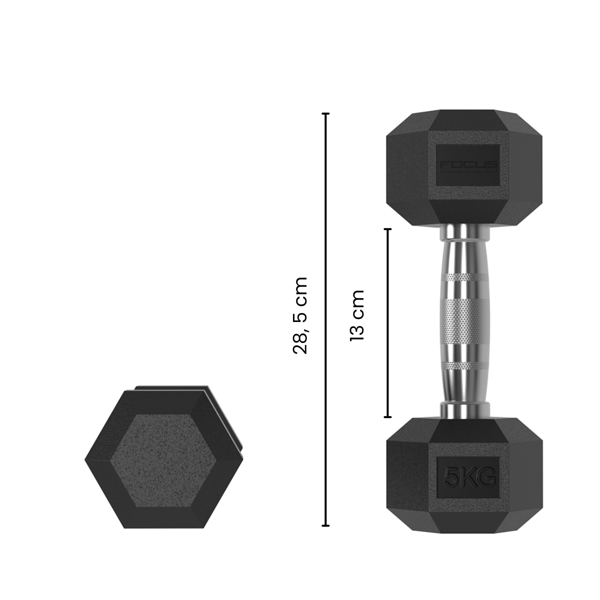 Black dumbbell with a silver handle. It has dimension labels.