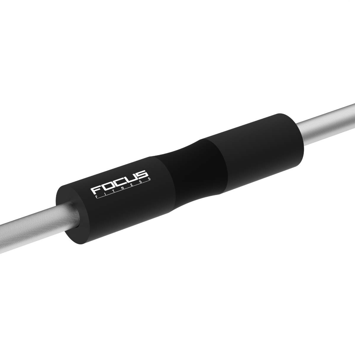 Een zwarte barbellpad op een zilveren barbell, met de tekst FOCUS FITNESS.