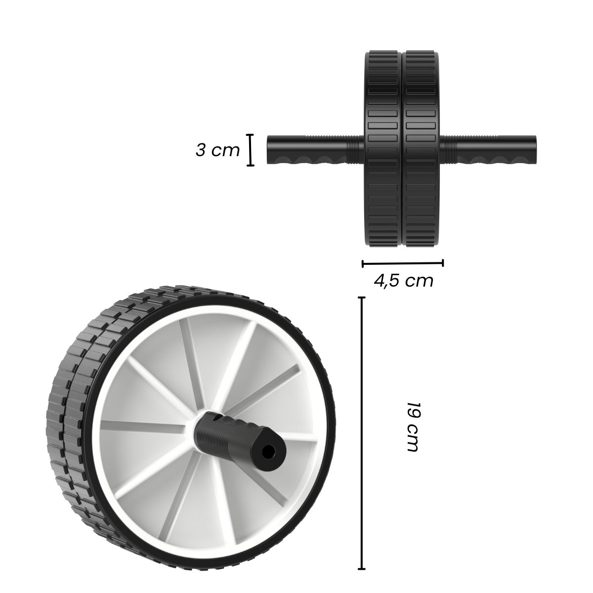 Een ab wheel op een witte achtergrond. Wiel is zwart met witte spaken. Afmetingen worden getoond.