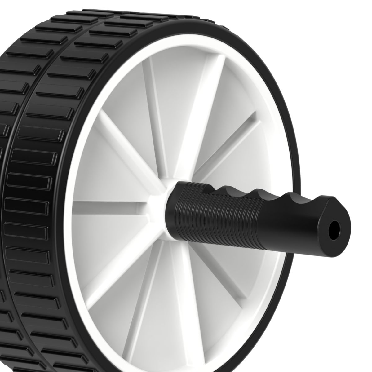 Een close-up van een ab wheel. Het wiel is zwart met witte spaken. Een zwarte handgreep is zichtbaar.