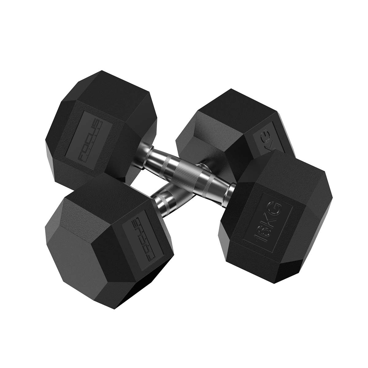 Twee zwarte dumbbells met zilveren handgrepen. Beide zijn gemarkeerd met 18KG en FOCUS.