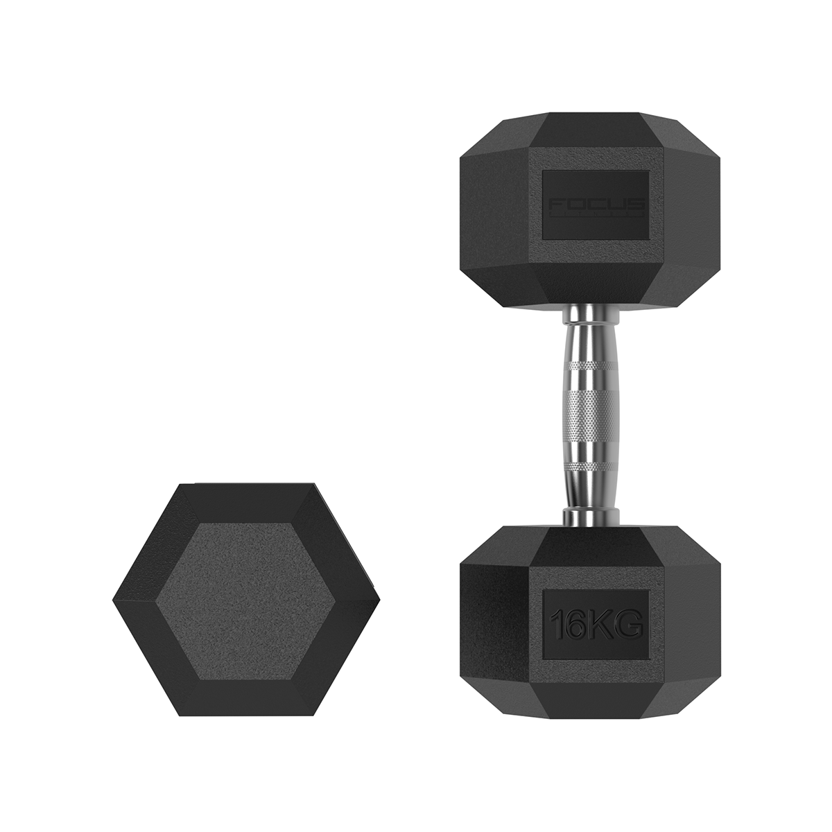 Zwarte 16kg dumbbell en zeshoek op witte achtergrond. Handvat en gewicht zichtbaar. Focus logo.