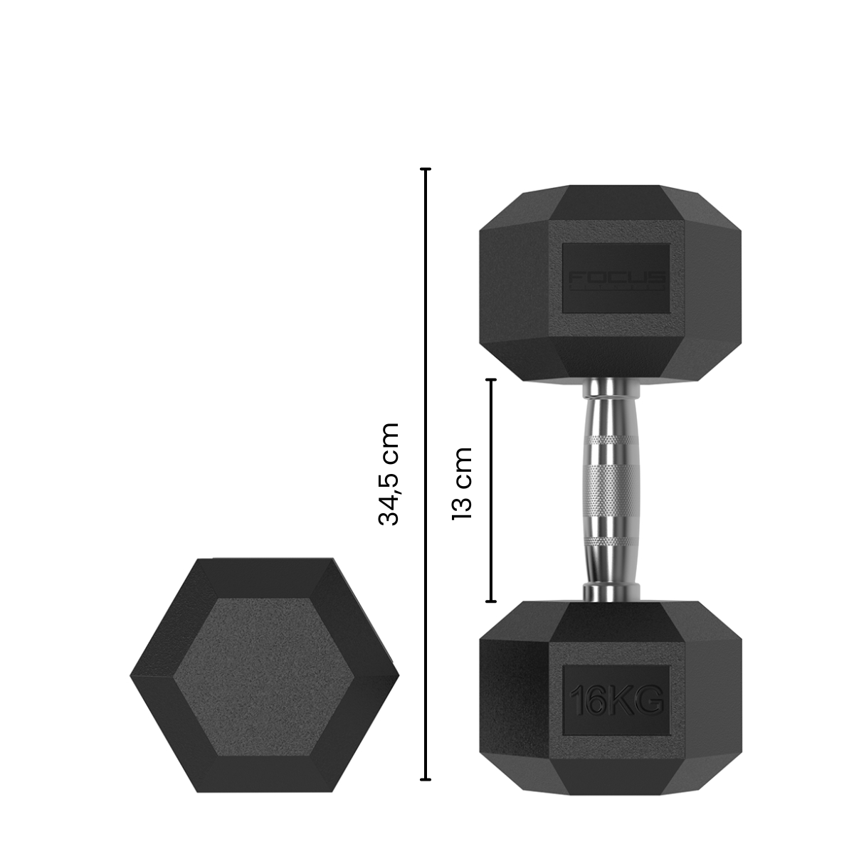 Zwarte 16KG dumbbell met zilveren handvat en zijaanzicht. Witte achtergrond.