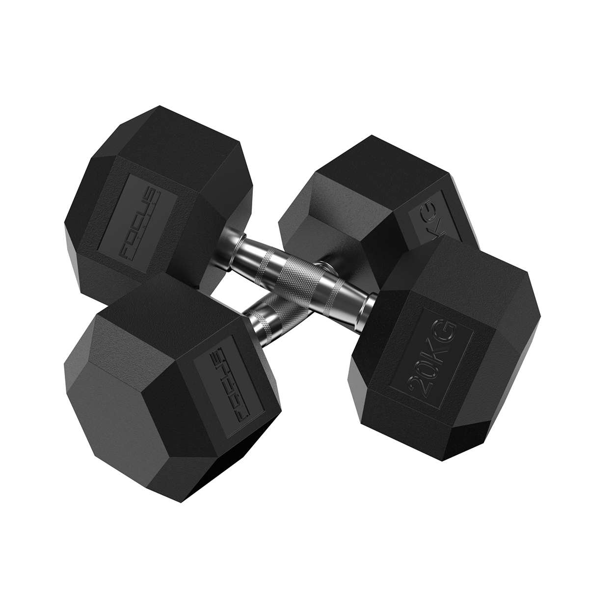 Two black hexagonal dumbbells. They have the brand name printed on them, isolated on white.