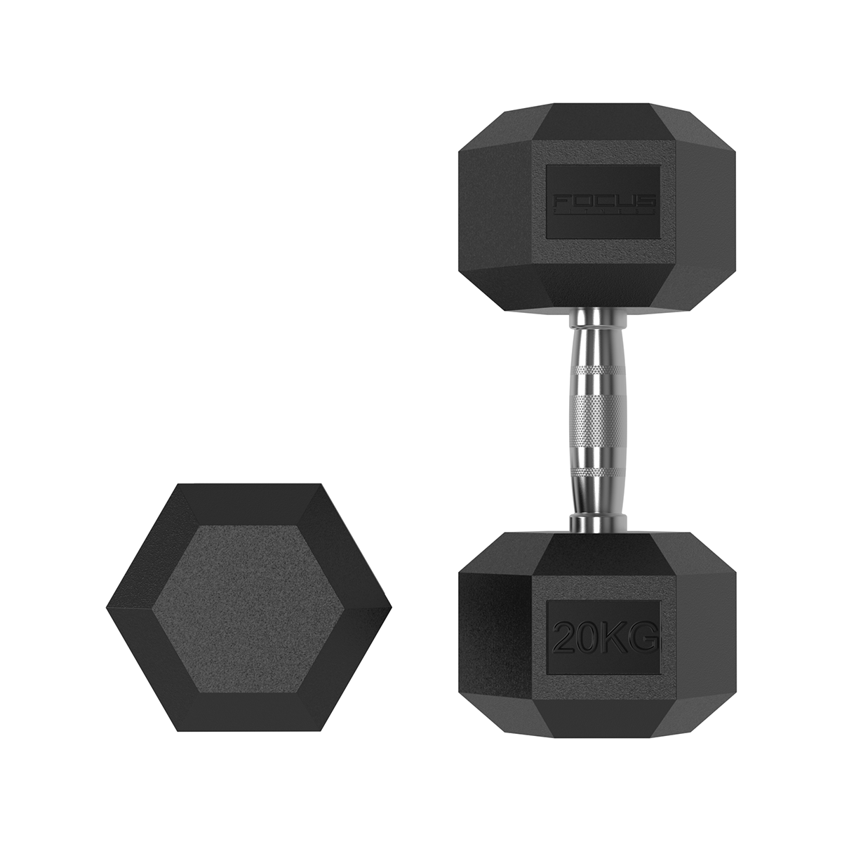 Black 20kg dumbbell and a hexagon shape on a white background. Handle and weight visible. Focus logo is seen.