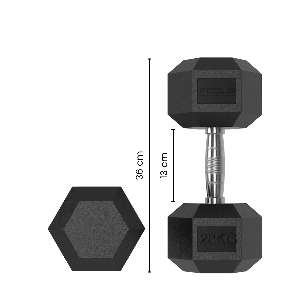 Black, hex-shaped 20KG dumbbell, with silver handle. A flat dumbbell is next to it.