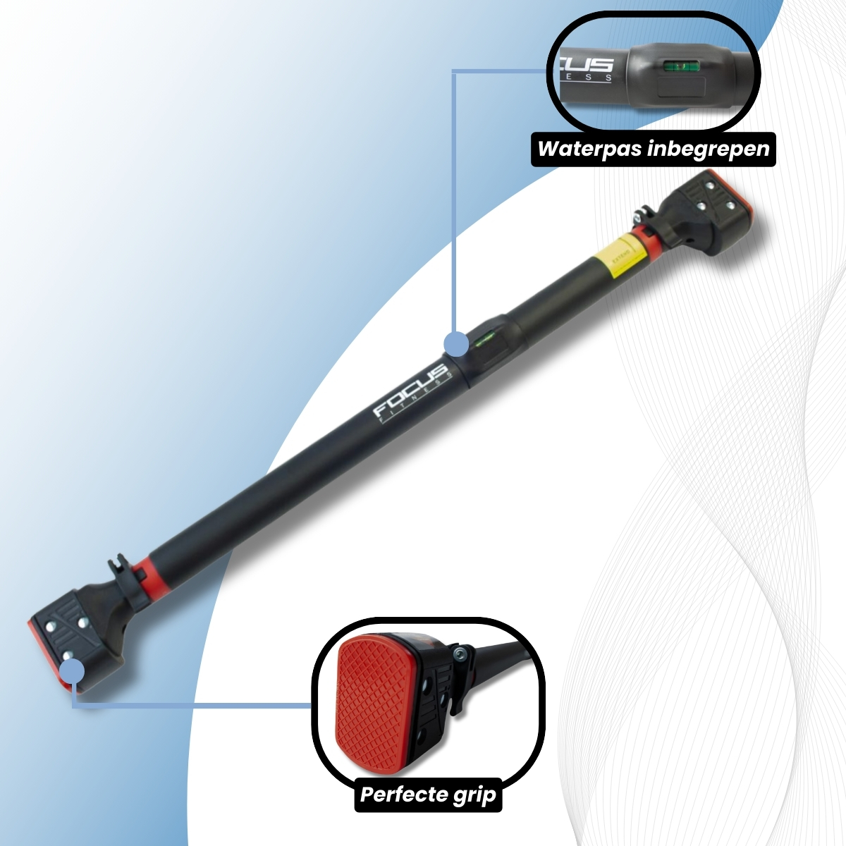 Black pull-up bar with red accents. Black bar with Focus Fitness logo.
