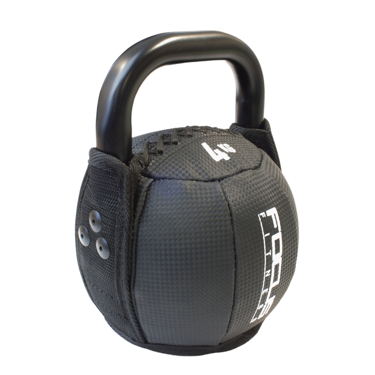 A black kettlebell with a black handle. The kettlebell has a black cover with the brand name and weight.