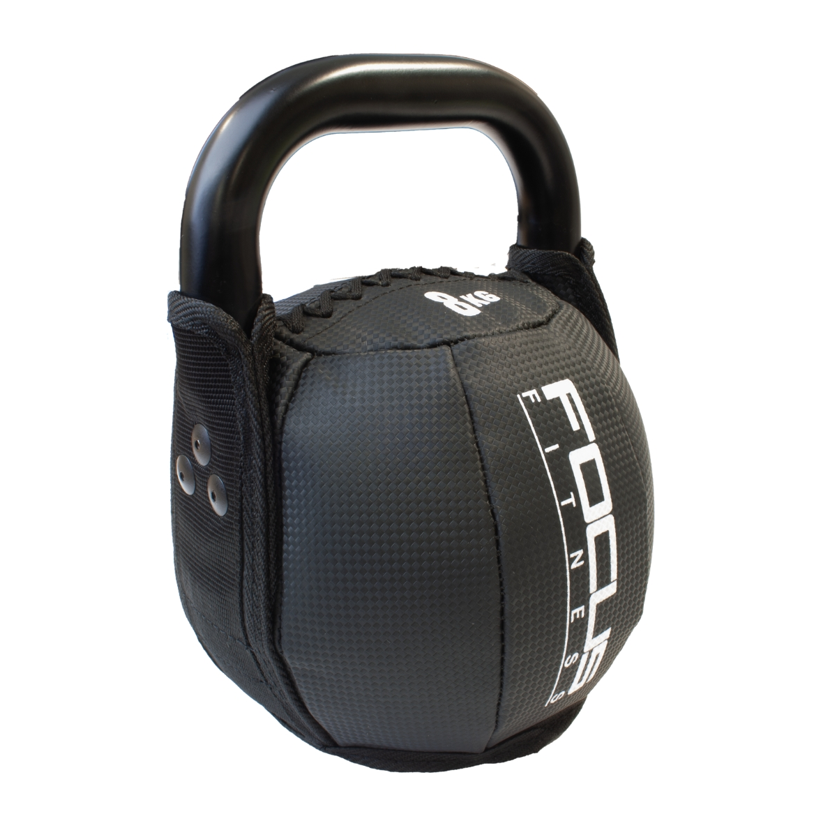 A black kettlebell with a black handle. The kettlebell has a black cover with the brand name and weight.