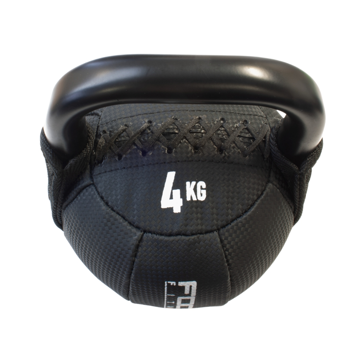 Black kettlebell with the text 4 KG. It has a black handle and a black textured body.