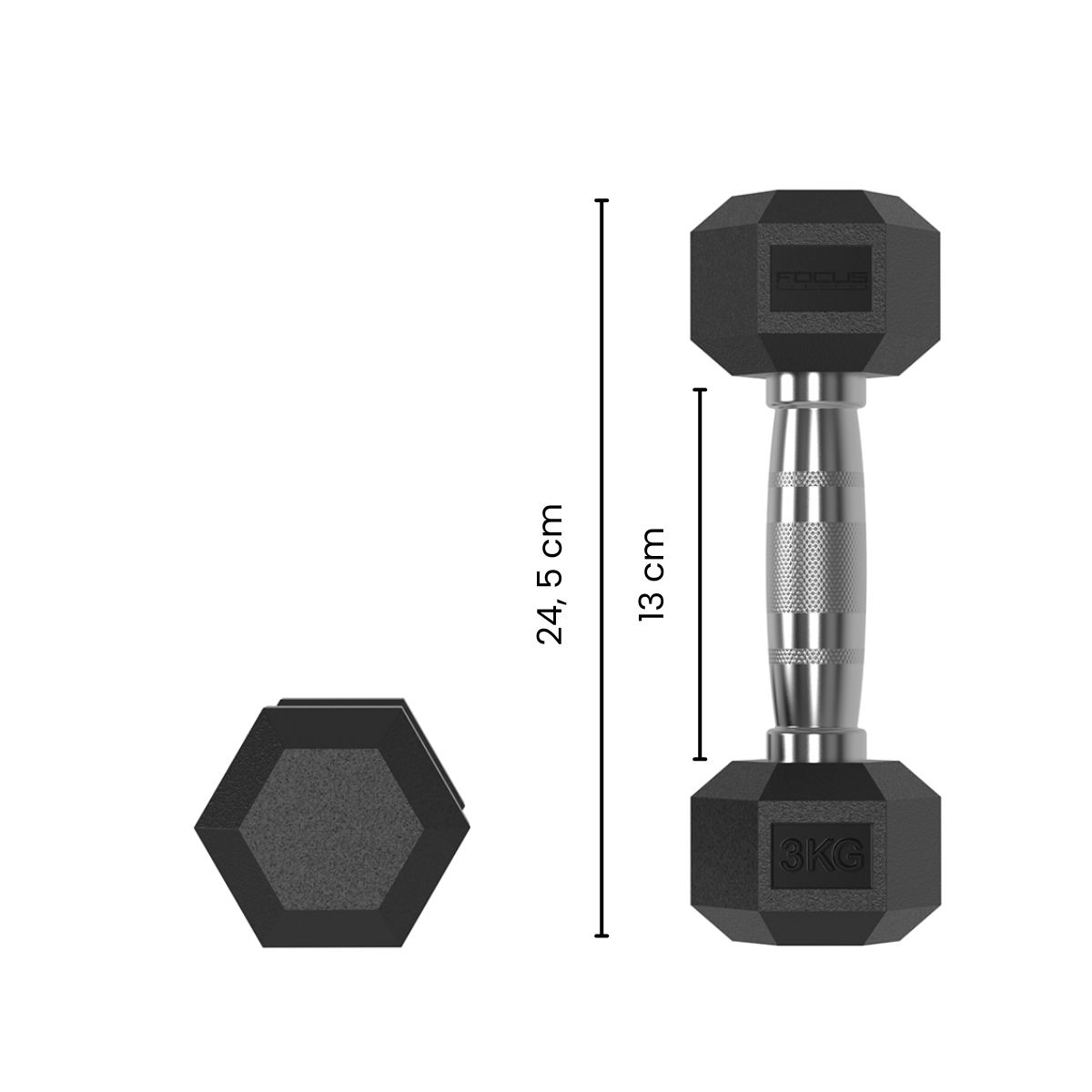 Black dumbbell with 3kg weight and silver handle. Dimensions are 24.5 cm long and 13 cm handle length.