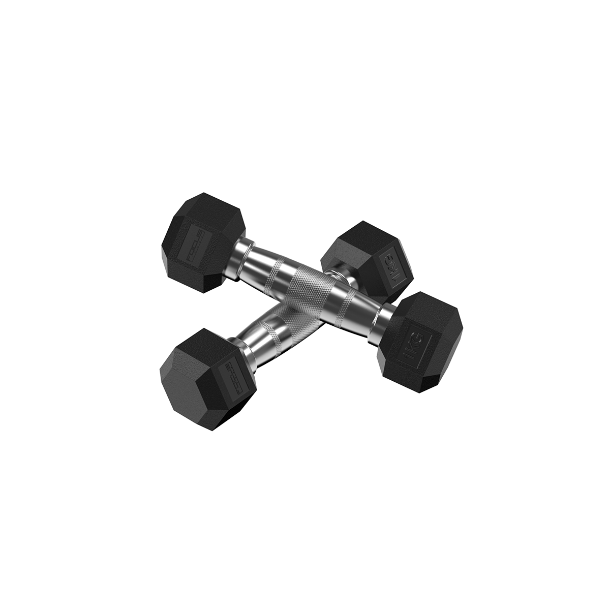 Two dumbbells crossed. Black, hexagon shape with silver handle. Focus logo.