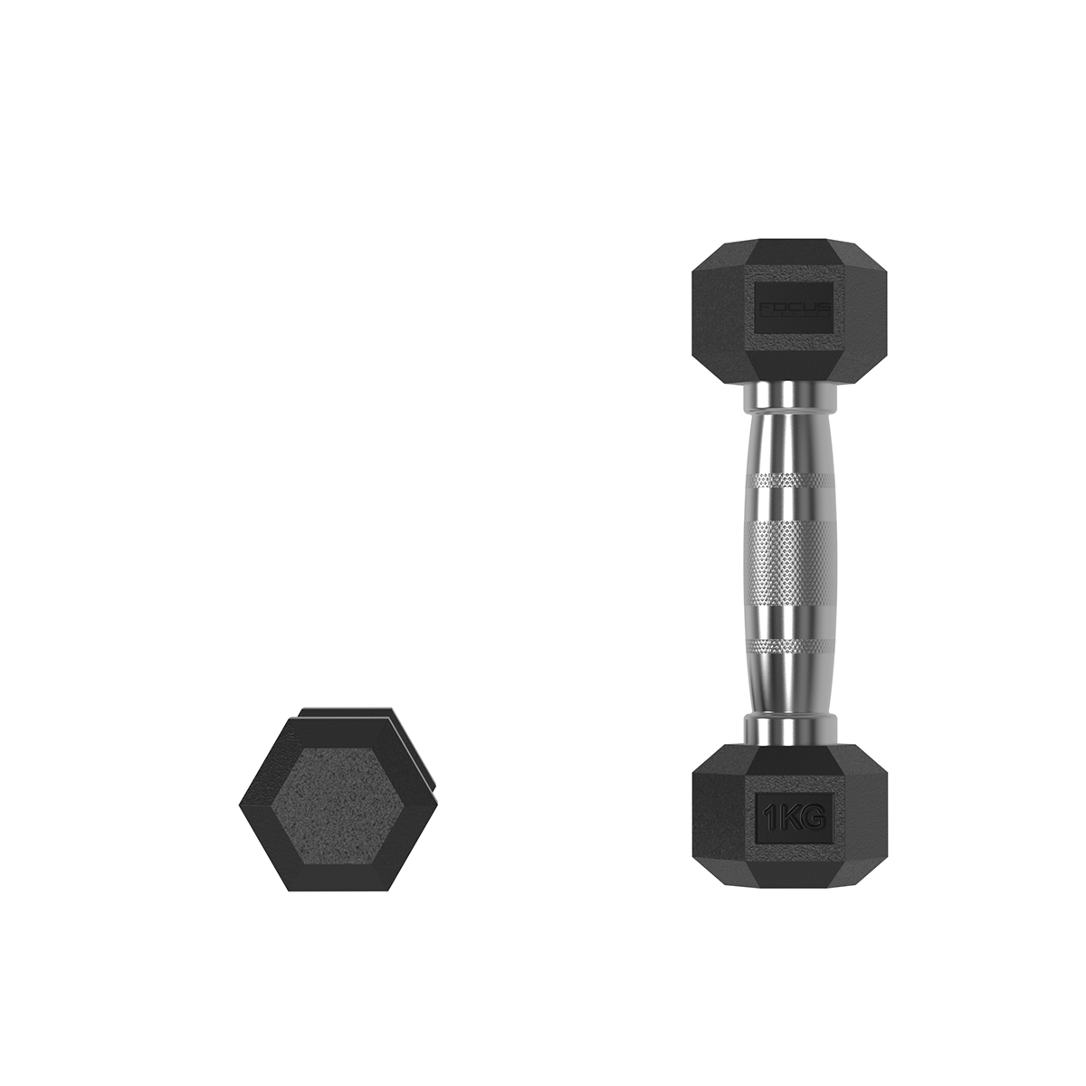 Black 1kg dumbbell and a hexagon shape on a white background. Handle and weight visible. Focus logo is seen.