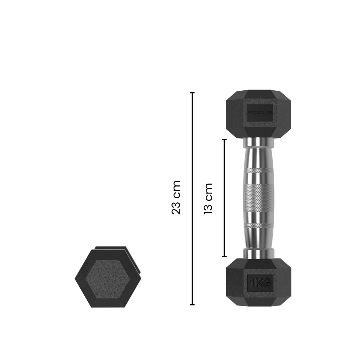Black dumbbell with 1KG text. It is black and has a silver handle. There is an extra weight.