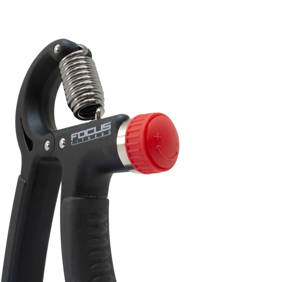 Black hand grip strengthener with red adjustment knob. Focus Fitness logo visible.